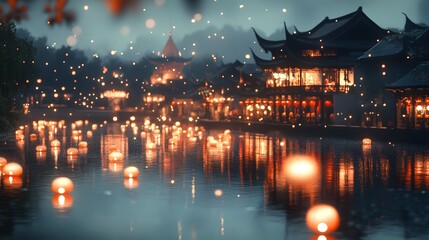 Poster - Serene Night Scene of Traditional Asian Architecture Reflecting on Water with Lanterns and Soft Illuminations Creating a Magical Atmosphere
