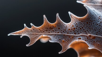 Poster - A magnified detail of a maple leaf with frosty edges in the morning light