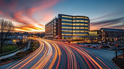 Poster - A time-lapse photo of traffic moving around a tall building, with streaks of lights creating a sense of motion and energy in the urban environment.
