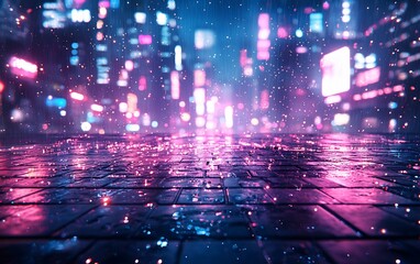 Poster - Cyberpunk city street at night, neon lights reflecting on wet pavement.