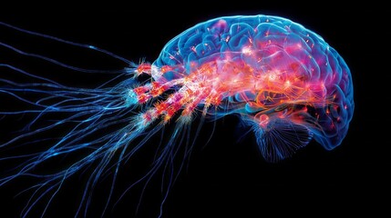 Fototapete - Visualizing the complexity of neural connections, luminous pathways illuminate the interplay of activity within the human brain, showcasing its astonishing networks and functions