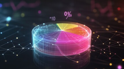 Poster - A transparent D pie chart floating in space, with digital percentages hovering above each section, surrounded by glowing data streams and network lines.