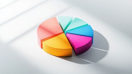 Poster - A vibrant D pie chart with segments of various heights and colors, casting shadows on a white surface, showing proportional data in a visually dynamic way.