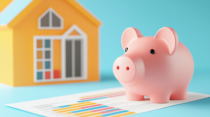 Poster - piggy bank sits on financial documents with house in background, symbolizing savings and home investment