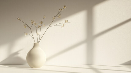 Poster - minimalist vase with delicate flowers casts soft shadows on clean wall