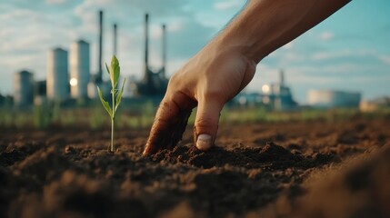 Poster - Close-up of a hand planting seeds in rich, dark soil with a blurred farm behind
