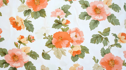Poster - Elegant floral wallpaper featuring soft peach and cream flowers with green leaves, perfect for home decor