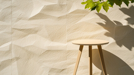 Poster - Light beige textured wallpaper with soft lines, complemented by wooden stool and natural shadows
