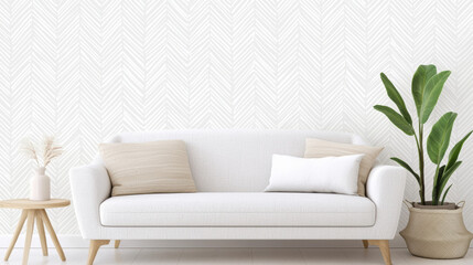 Poster - Cozy living room with light toned sofa, geometric wallpaper, and plant