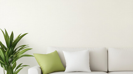 Poster - Light toned wallpaper with geometric patterns complements cozy sofa and plant. serene atmosphere is created in this inviting space