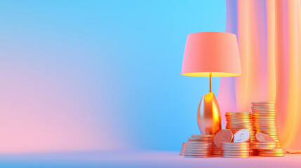 Poster - stylish lamp beside stack of coins, symbolizing wealth and prosperity. soft gradient background enhances serene atmosphere