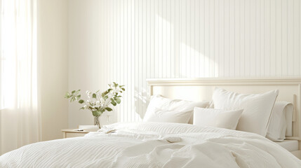 Poster - Soft white bedding and minimalist decor create serene bedroom atmosphere with natural light