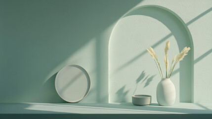 Poster - Soft green wall with abstract shapes, featuring minimalist decor and shadows