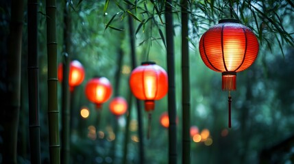 Poster - Serene View of Vibrant Red Lanterns Hanging Amidst Lush Green Bamboo Forest Creating a Tranquil and Enchanting Nighttime Atmosphere