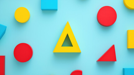 Poster - Colorful geometric shapes in various forms on blue background create playful atmosphere