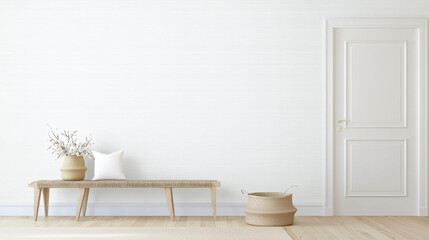Poster - serene interior featuring textured wallpaper, minimalist bench, and natural decor elements. Perfect for creating calming atmosphere