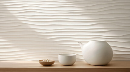 Poster - calming textured wallpaper complements minimalist tea set, creating serene atmosphere