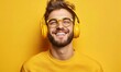 © Valentyna - Smiling customer service worker engaged in multitasking, wearing yellow headphones and glasses, exuding positivity and professionalism in vibrant environment