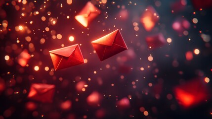 Poster - Enchanting Red Envelopes Floating in a Dreamy Background with Sparkling Bokeh Lights, Perfect Symbol of Love and Communication for Various Occasions