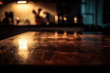 Wall Mural - A wooden countertop with a dimly lit room in the background, possibly used for a cozy atmosphere or intimate setting