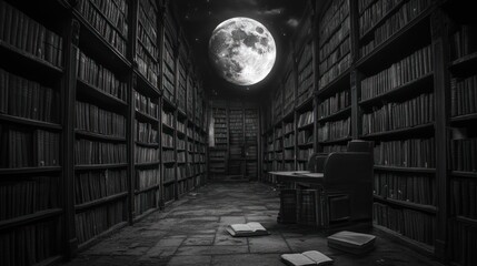Poster - Moonlit Library Hallway Filled With Ancient Books