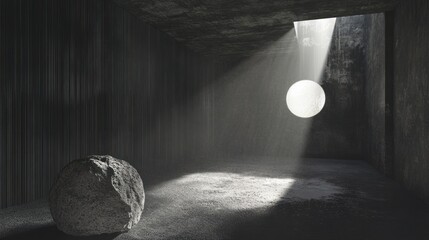 Poster - A solitary rock rests in a dark concrete room with a light source