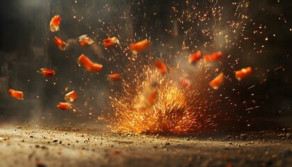 Poster - Dynamic Explosion of Colorful Fragments with Sparks and Dust in an Industrial Environment Capturing the Moment of Impact and Energy Release in High Resolution