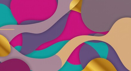 Poster - Abstract Liquid Waves:  Vibrant, layered abstract art featuring flowing, liquid-like shapes in shades of teal, purple, pink and gold.  A modern.