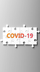 Poster - Covid-19 complex like a puzzle - pictured as word covid-19 on a puzzle pieces to show that covid-19 is complex and needs cooperating pieces that fit together. ,3d illustration