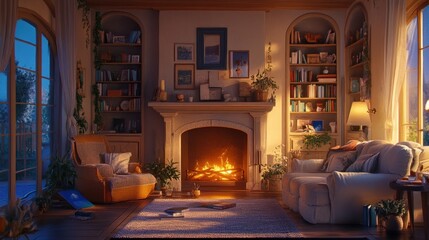 Poster - Cozy Evening Fireplace Living Room Scene