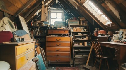 Poster - Dusty Attic Filled With Old Furniture And Belongings