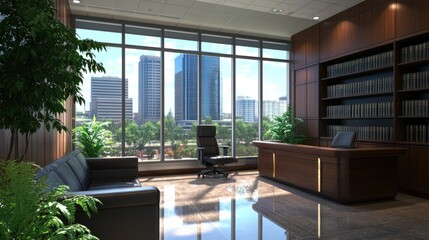 Aufkleber - Modern Executive Office With City View And Bookcases