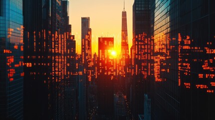 Poster - Cityscape at Sunset with Digital Data Overlay