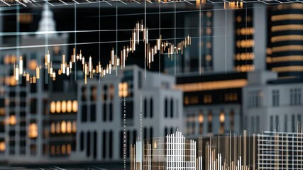 Poster - Observing dynamic stock market trends with illuminated city buildings in the background during a vibrant evening