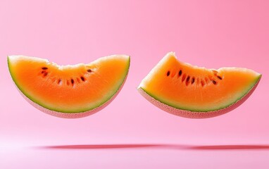 Canvas Print - Two juicy orange watermelon slices levitate against a vibrant pink background, a refreshing summer concept.