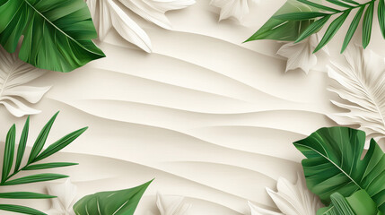 Leinwandbilder - Lush green leaves on clean beige background create serene atmosphere. Perfect for nature themed designs or backgrounds