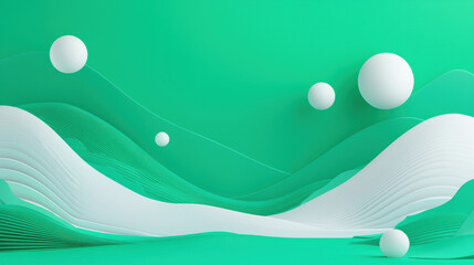 Leinwandbilder - Abstract shapes create serene landscape with green tones and white spheres, evoking sense of calm and creativity