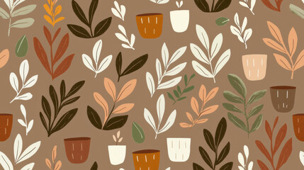 Wall Mural - Earthy tones with faint pattern of leaves and pots create calming design