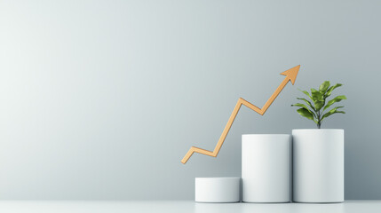 Poster - Growing plant in pots with upward trend graph on light gray backdrop