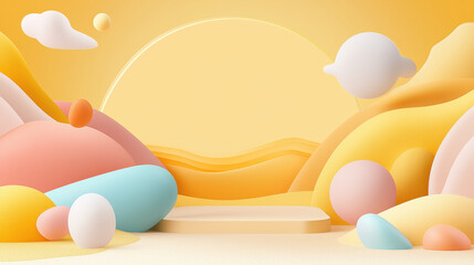Leinwandbilder - Warm yellow backdrop with abstract shapes creating serene landscape. Soft curves and pastel colors evoke sense of calm and creativity