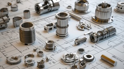 Poster - Collection of Metallic Machine Parts on Technical Blueprint Background