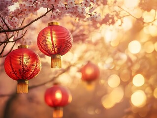 Poster - Beautiful Red Lanterns Hanging Among Cherry Blossom Trees Captured in Soft Sunrise Light, Creating a Magical Atmosphere of Tranquility and Celebration