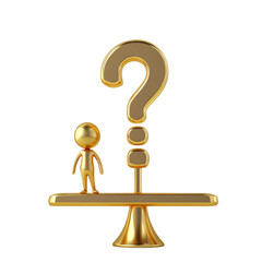 Poster - A small golden figure stands on one side of a golden scale, balanced against a large golden question mark.