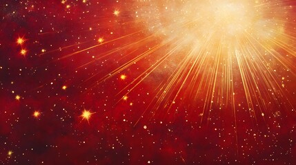 Poster - Stunning cosmic explosion with bright beams and radiant sparks on a deep red and golden space background, depicting the beauty of the universe in a mesmerizing and dynamic way.