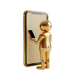 Aufkleber - A 3D rendered image shows a golden figure interacting with a giant golden smartphone.