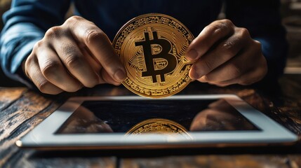 Poster - Person holding a bitcoin above a tablet device