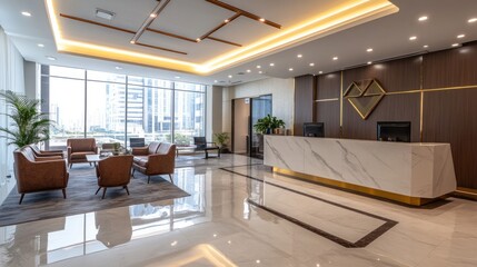 Poster - Modern Office Lobby With Marble Reception Desk And Seating Area