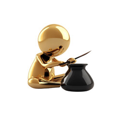 Poster - A gold figurine is depicted stirring a black pot with a stick against a white background in a 3D render.