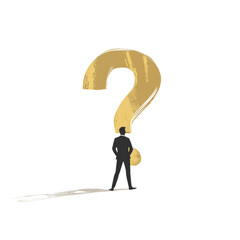 Poster - A silhouette of a businessman stands before a large golden question mark symbolizing uncertainty and decision-making.