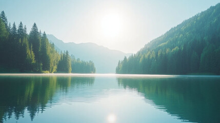 Poster - serene lake surrounded by lush pine trees, reflecting sunlight and mountains. tranquil atmosphere invites relaxation and peace
